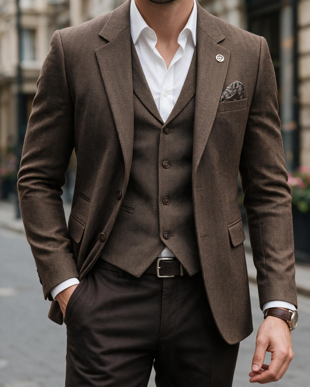 Menswear outfit styled in a city scene