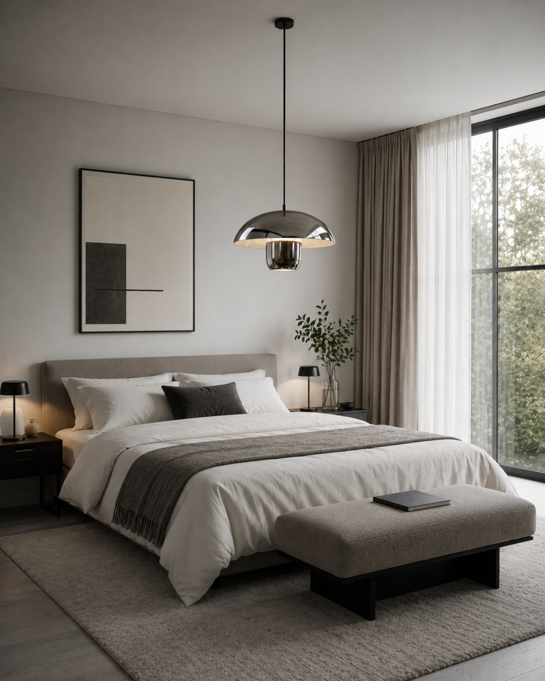 Metal pendant styled in a monochrome bedroom