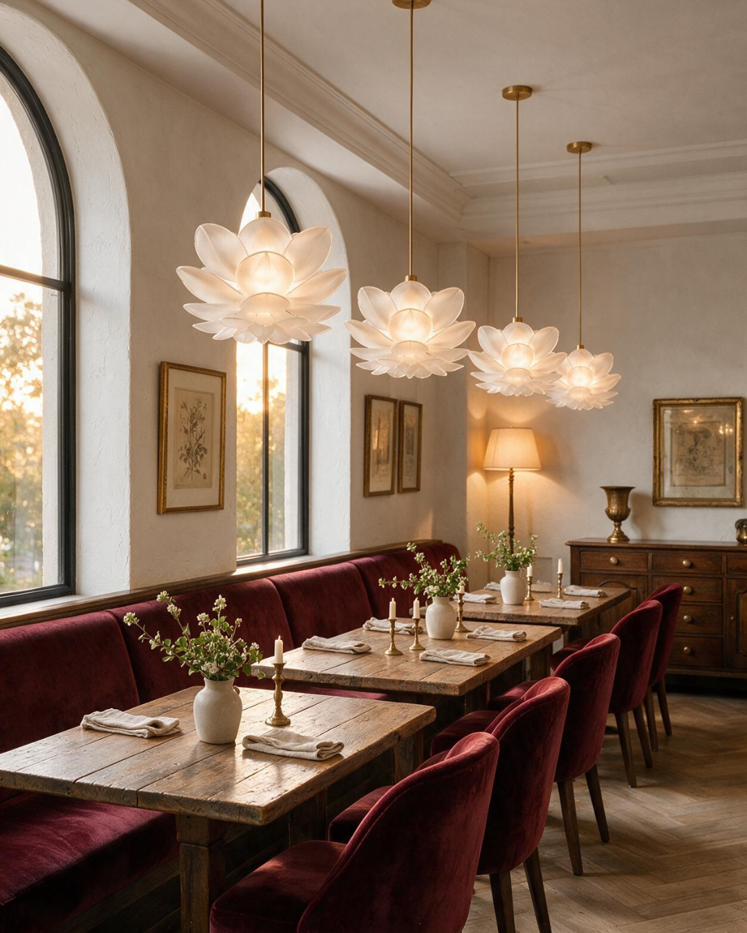 Flower pendants styled above a dining table